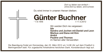 Traueranzeige von Günter Buchner von Pegnitz-Zeitung